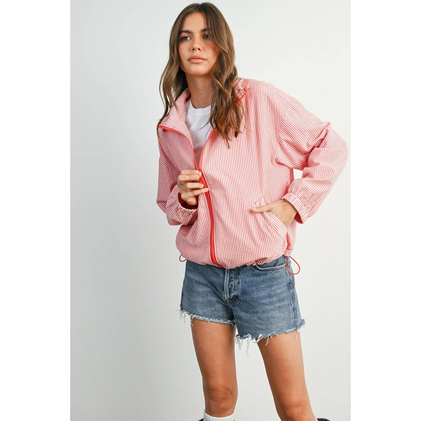 Striped Collared Zip-Front Drawstring Jacket - BMJ7991