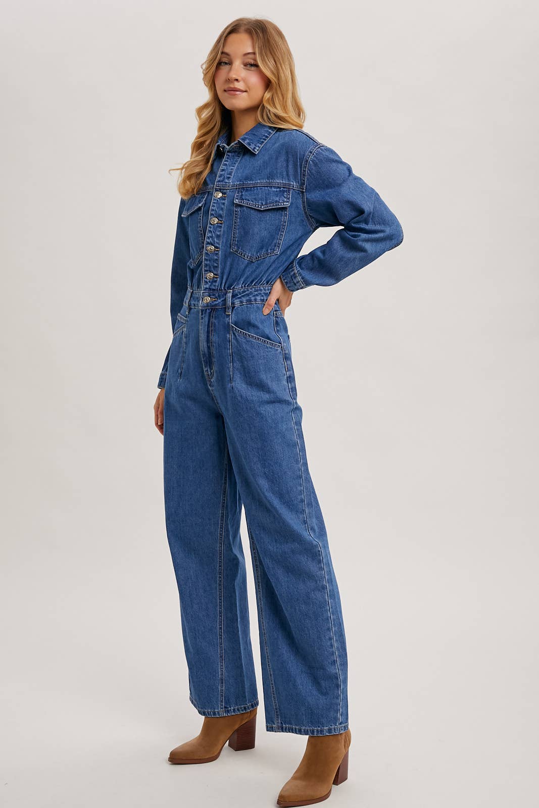 Button Down Denim Straight Leg Jumpsuit