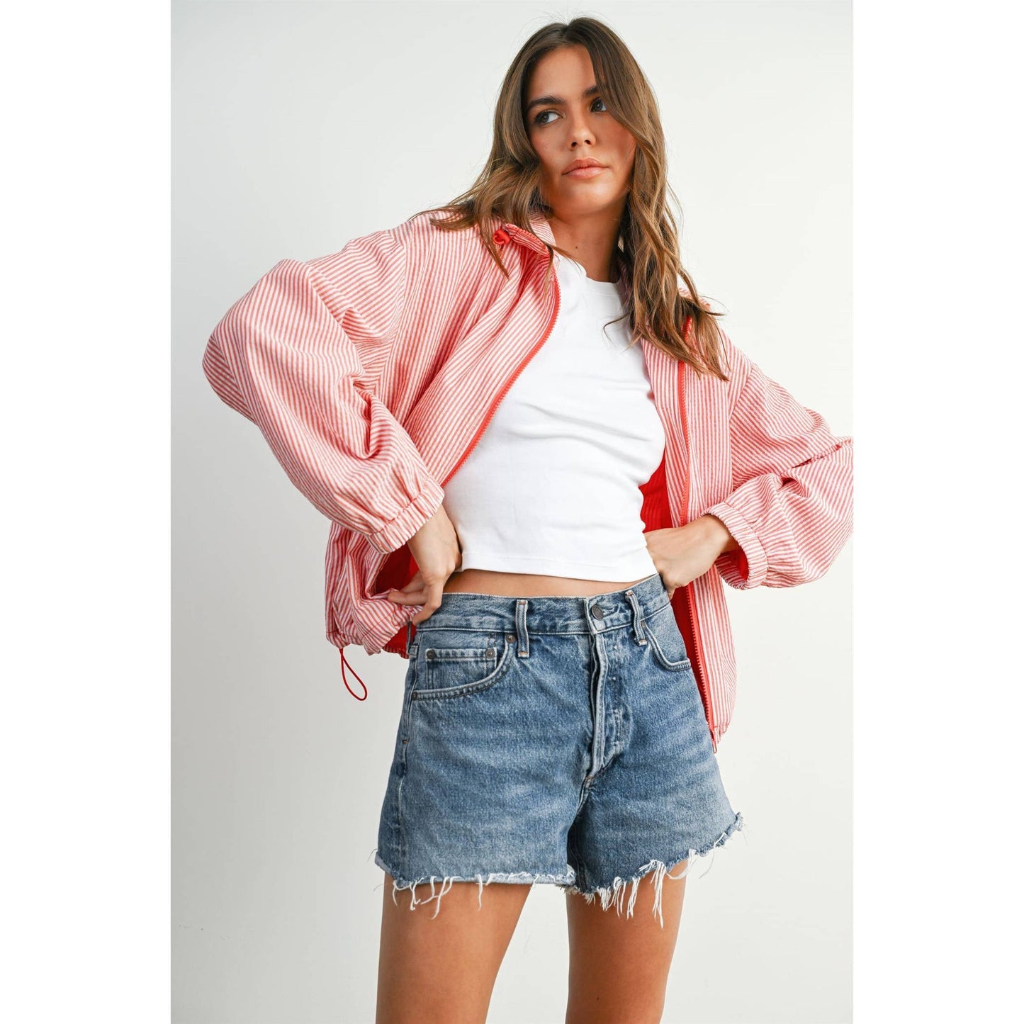 Striped Collared Zip-Front Drawstring Jacket - BMJ7991