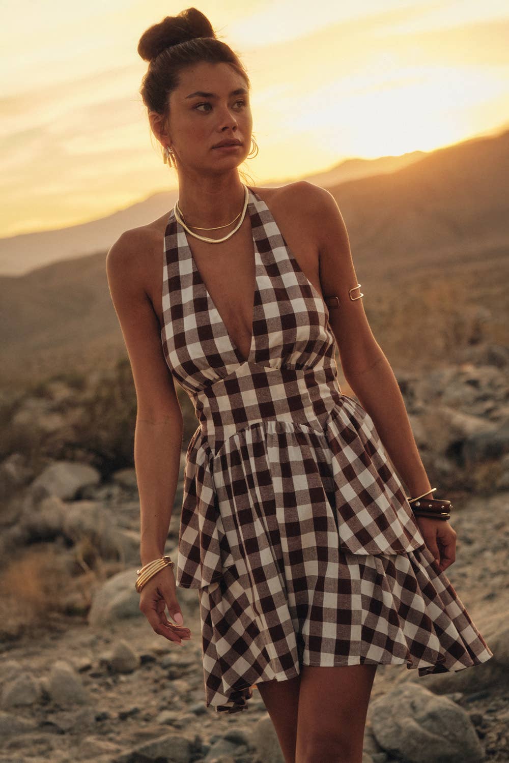 Gingham Plaid Ruffle Peplum V-Neck Halter Romper