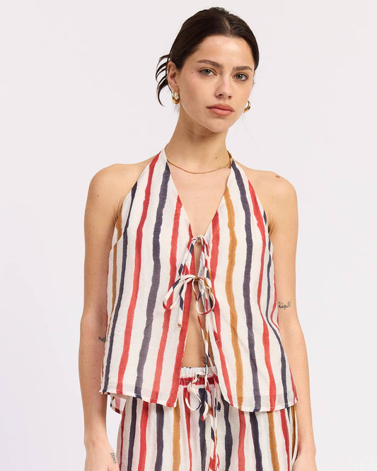 Striped Double Front Tie Top