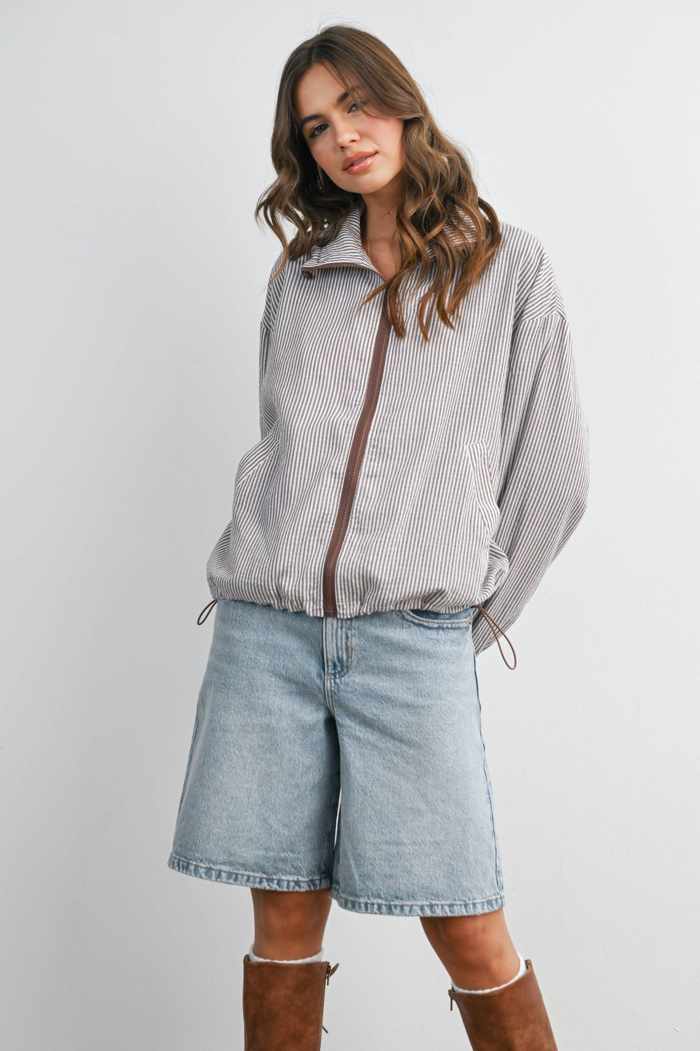 Striped Collared Zip-Front Drawstring Jacket - BMJ7991