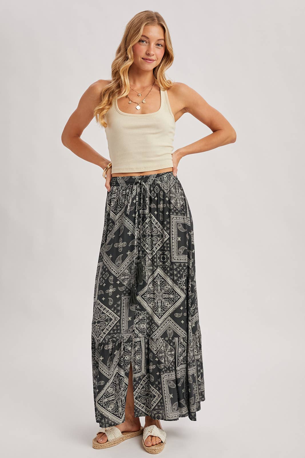 BOHO PRINT TIERED BUTTON DOWN FRONT MAXI SKIRT