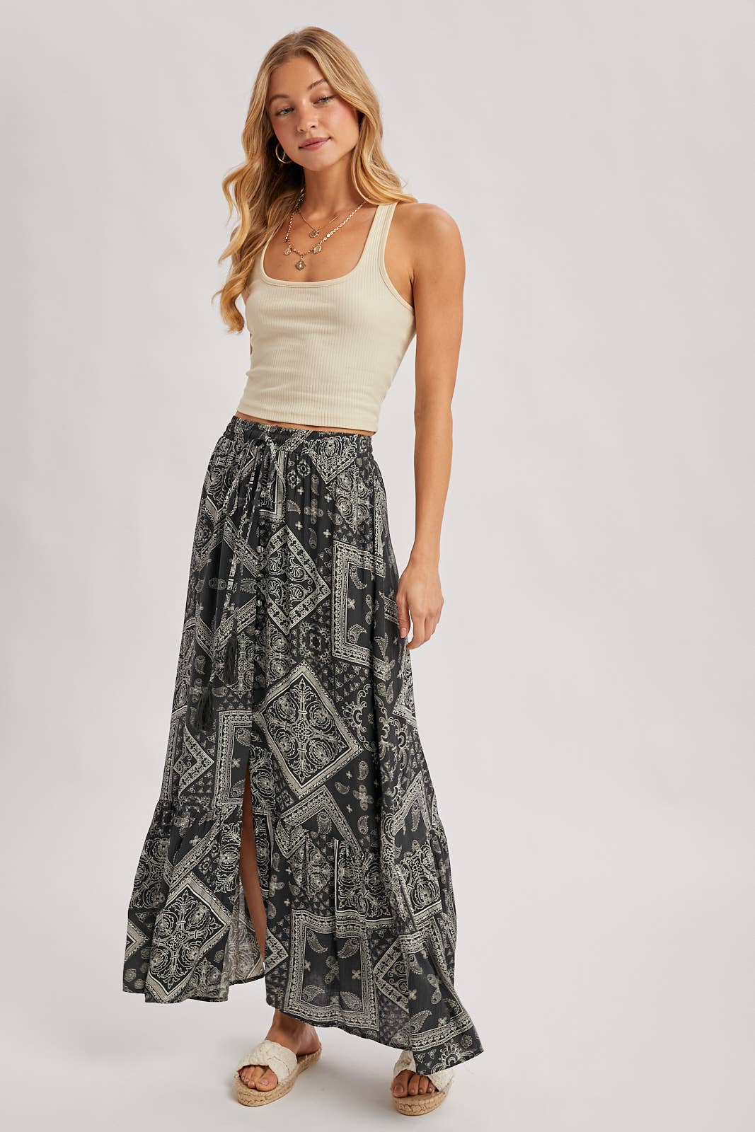 BOHO PRINT TIERED BUTTON DOWN FRONT MAXI SKIRT