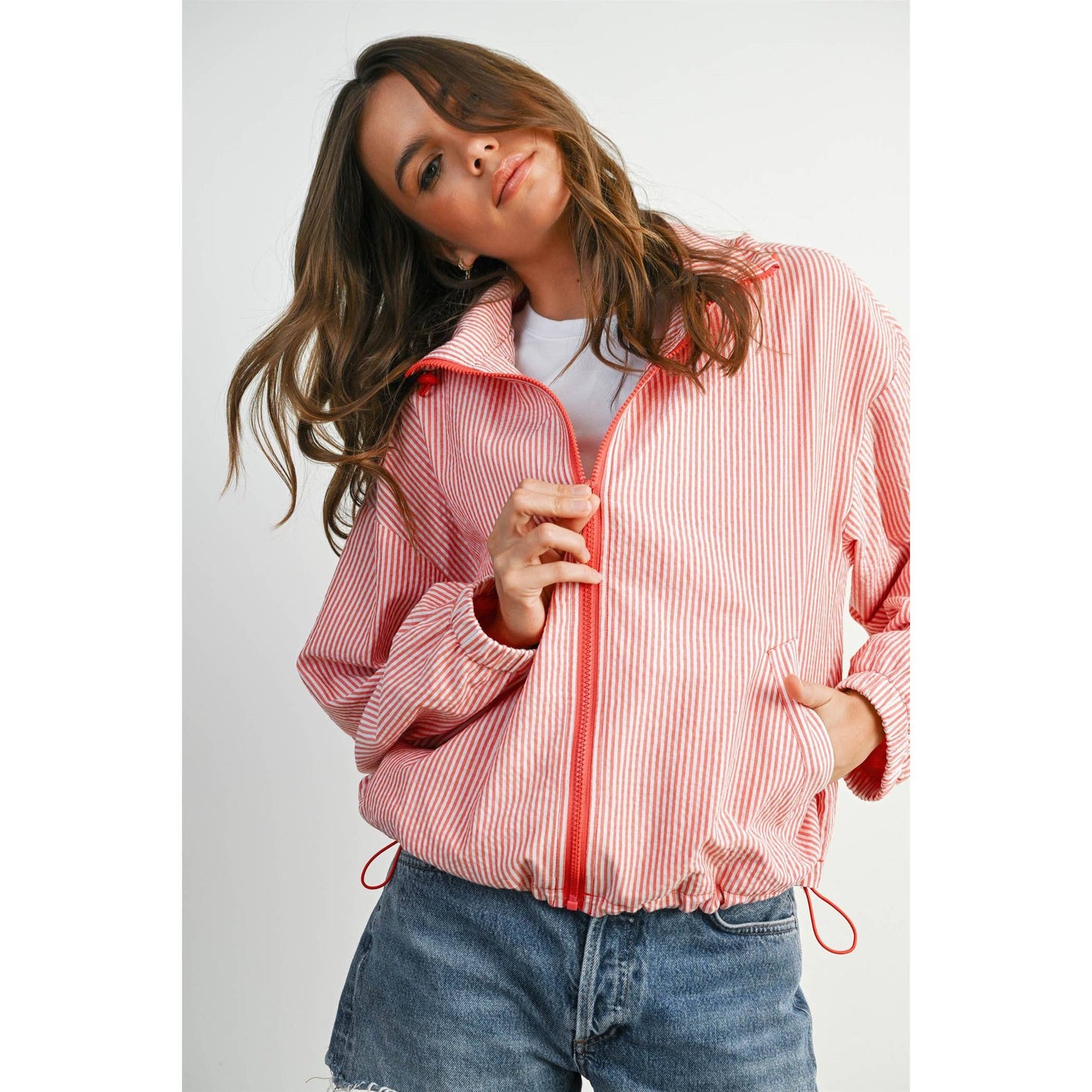 Striped Collared Zip-Front Drawstring Jacket - BMJ7991