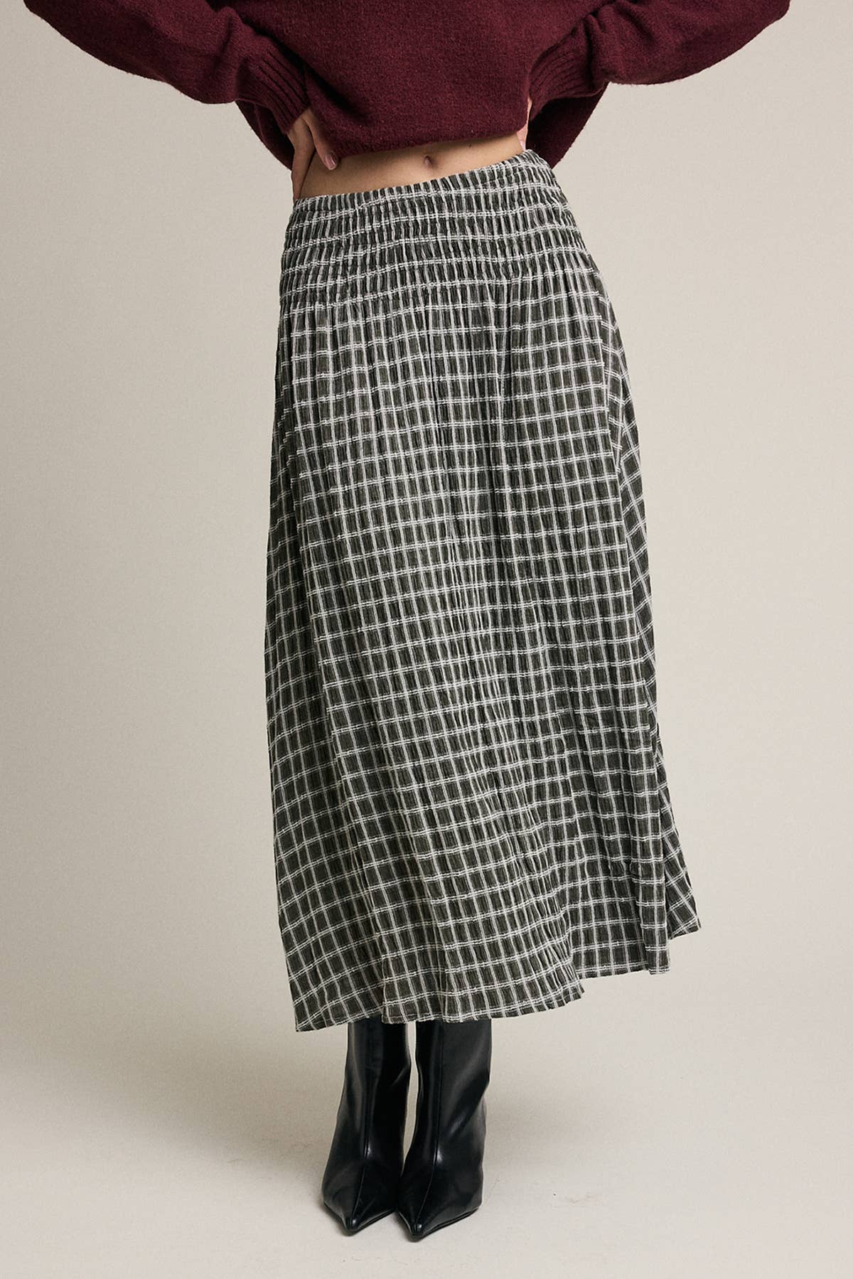Plaid Smocked Waist Midi Skirt - RS1118