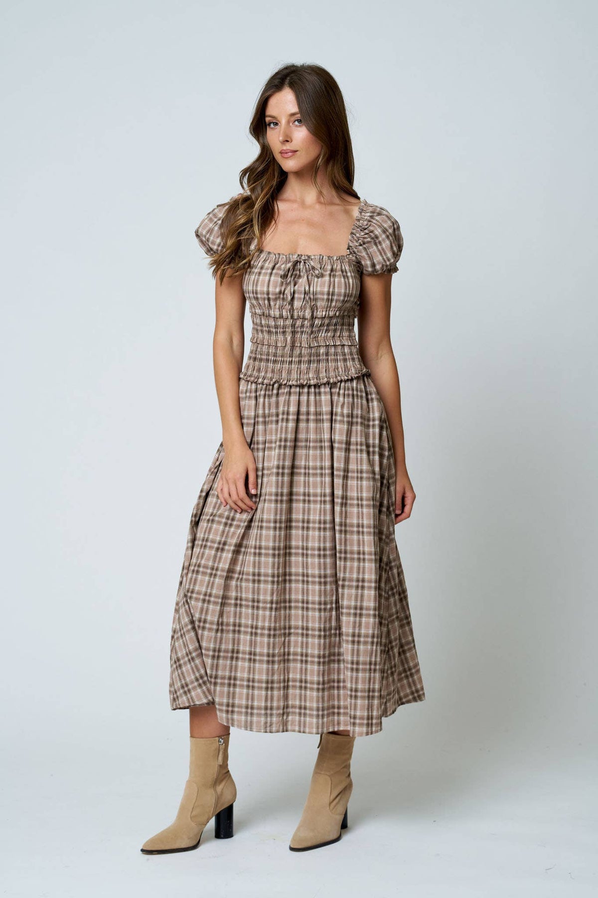 Plaid Smocked Waist Midi Dress