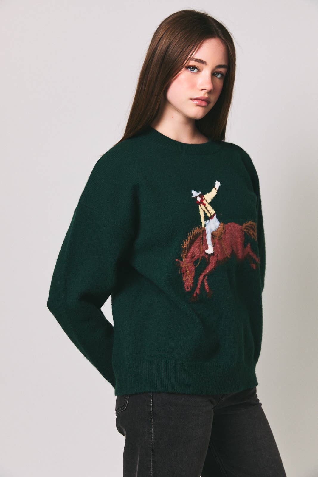 LONG SLEEVE CREW NECK COWBOY GRAPHIC OVERSIZED SWEATER