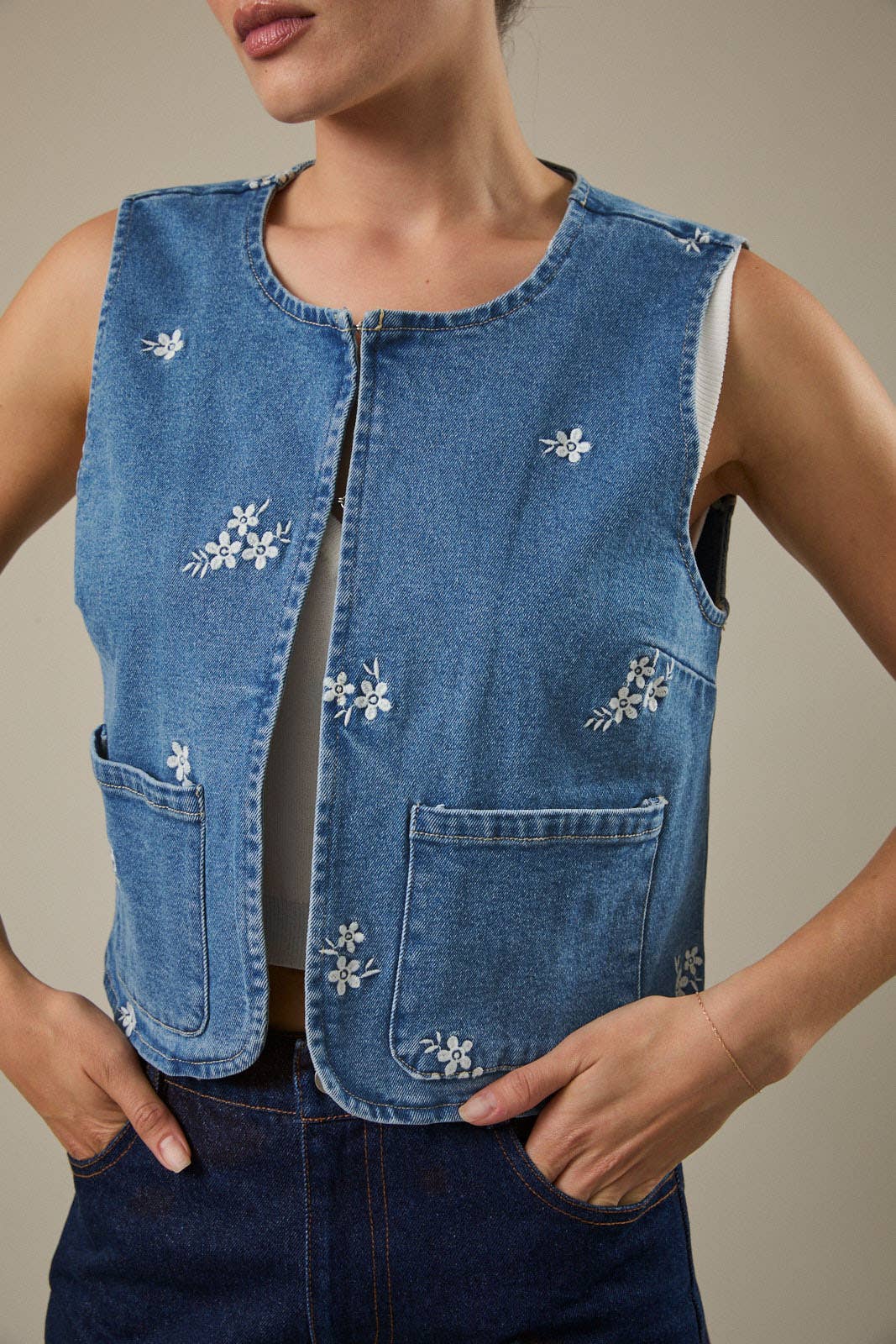 Flower Embroidered Pocket Denim Vest