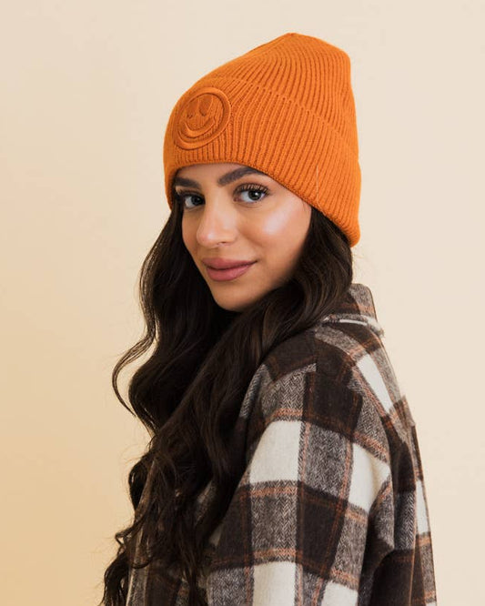 Happy Face Embroidered Ribbed Knit Beanie