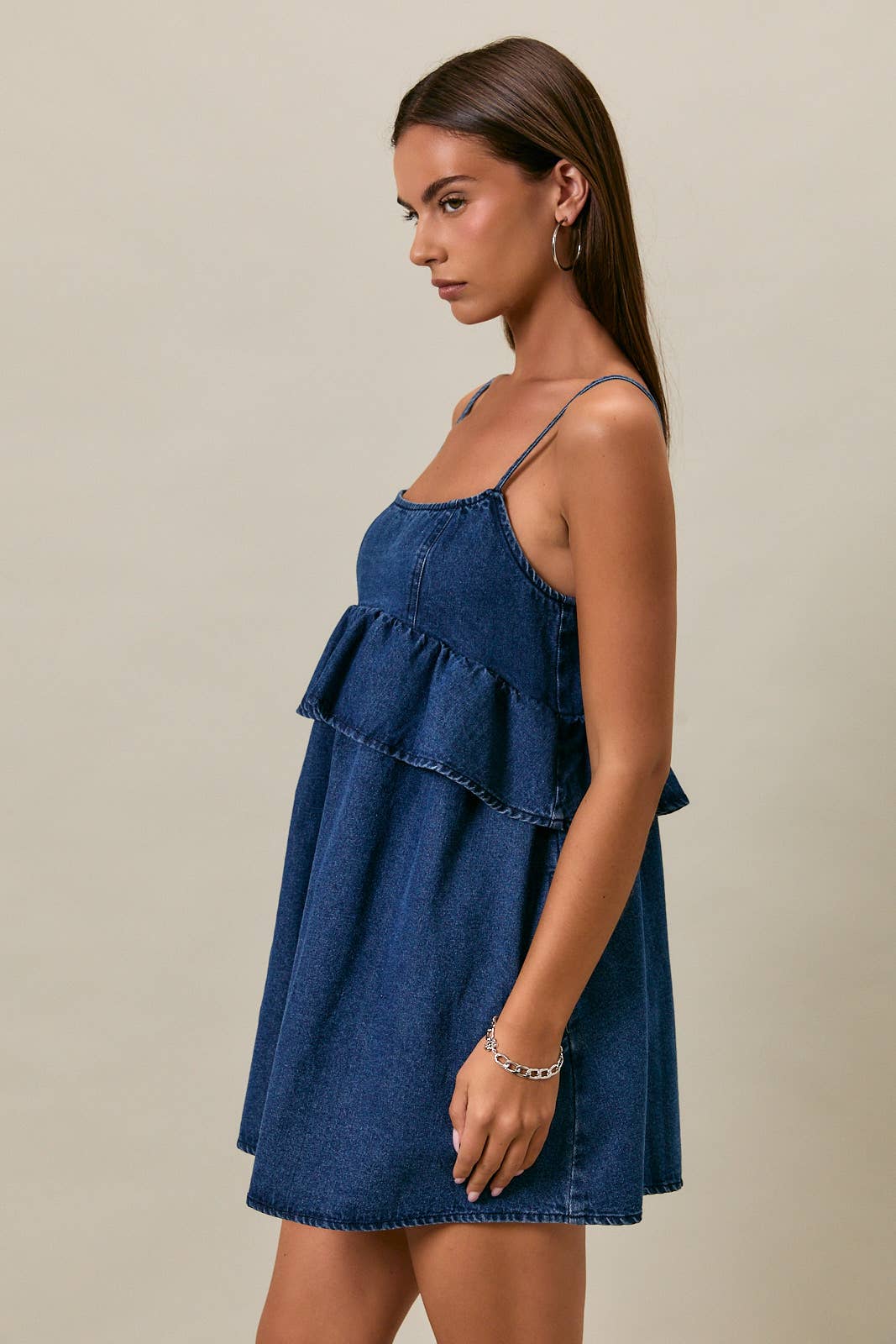 RUFFLE DETAIL SPAGHETTI DENIM DRESS