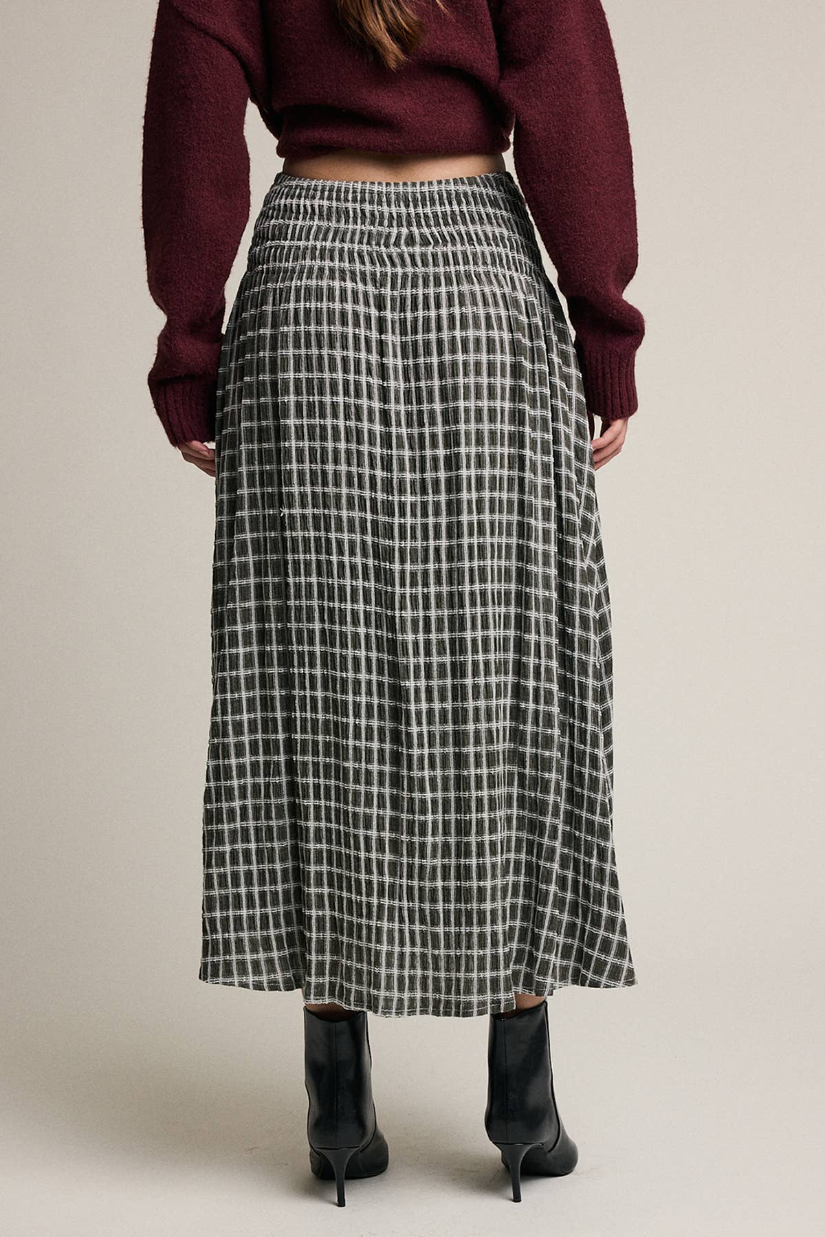 Plaid Smocked Waist Midi Skirt - RS1118