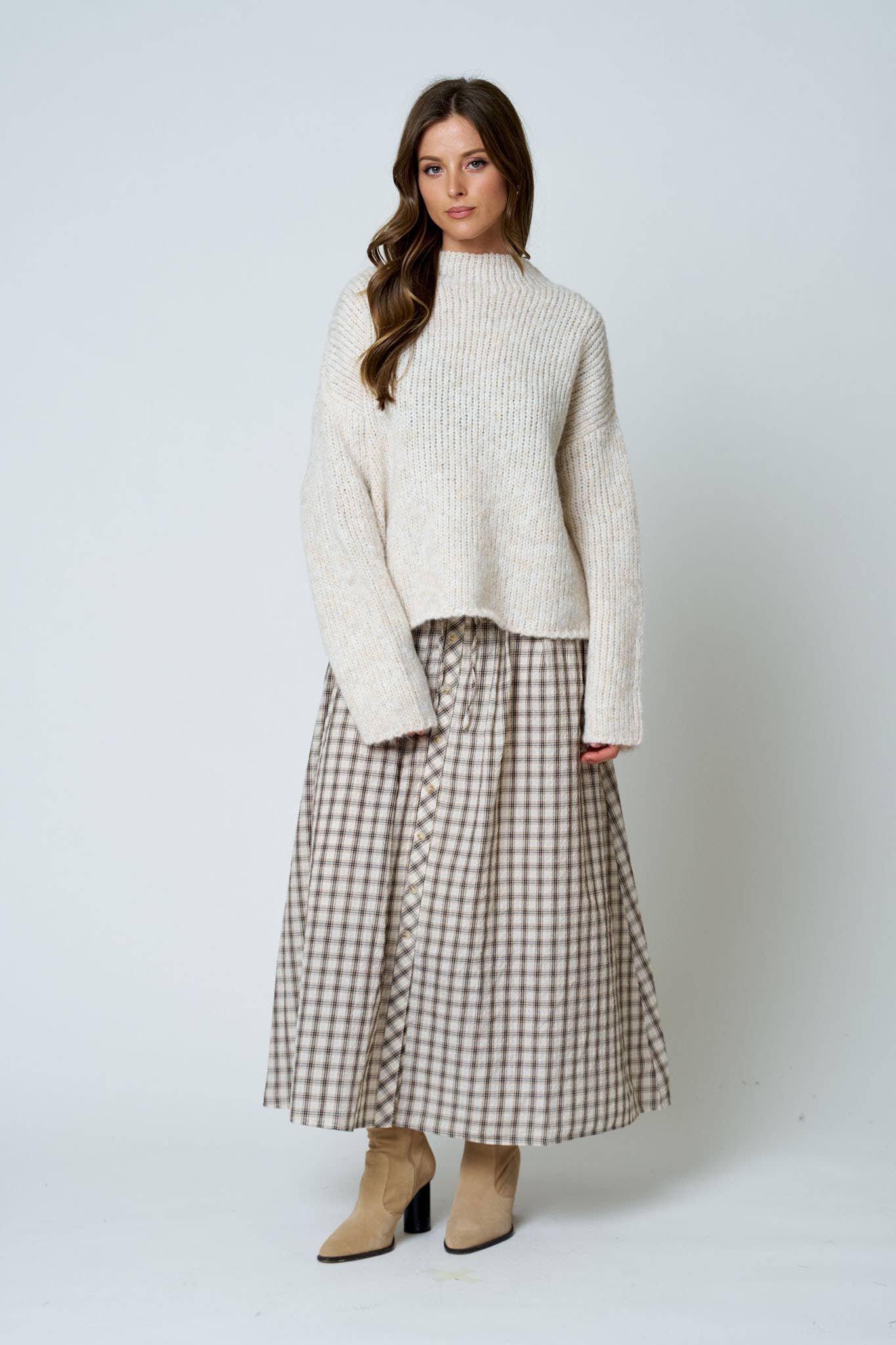 Plaid Smocked Waist Button Down Midi Skirt