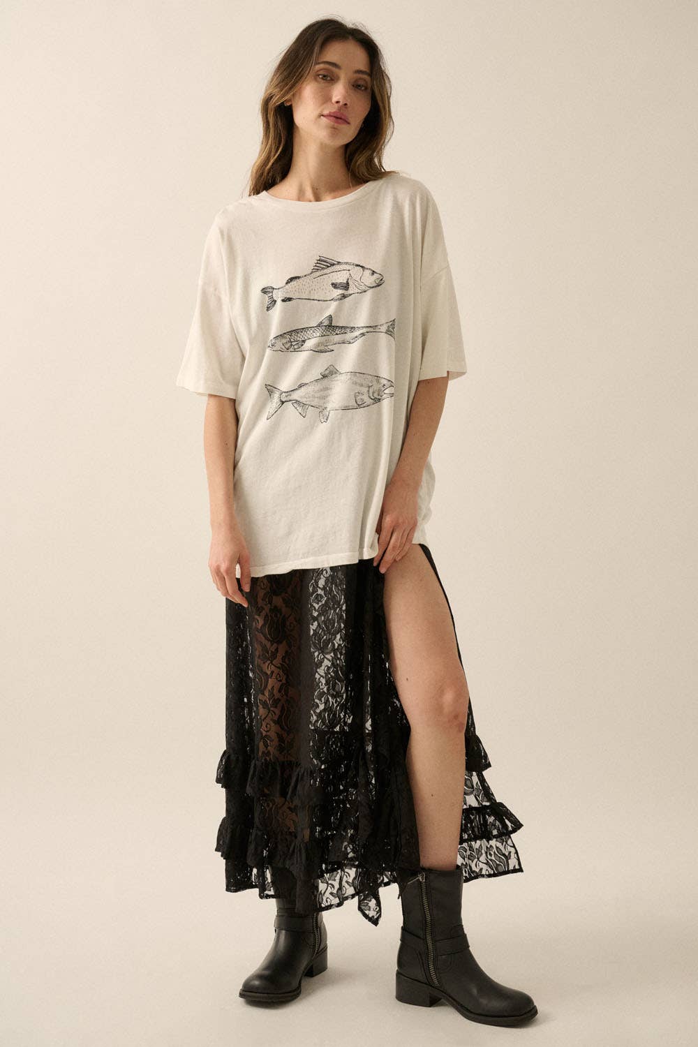 Three Fishes Garment-Washed Oversize Graphic Tee
