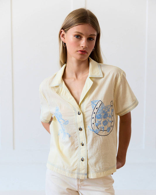 Embroidered Floral & Ribbon Button Up