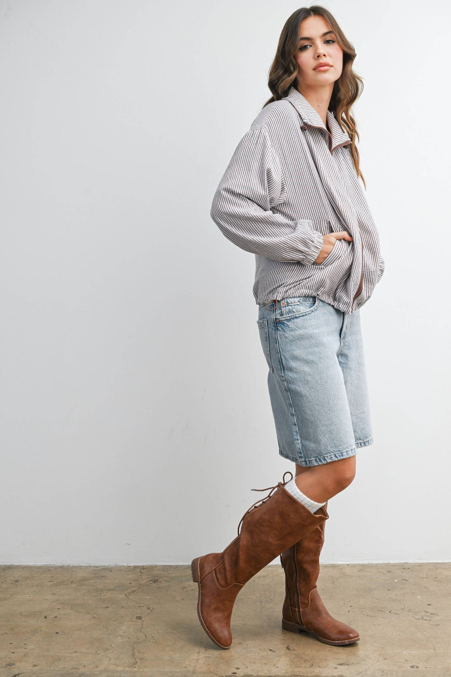 Striped Collared Zip-Front Drawstring Jacket - BMJ7991