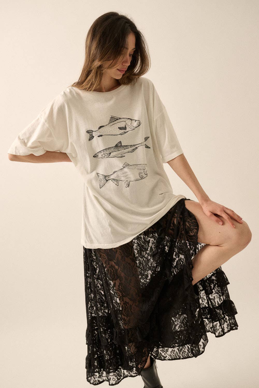 Three Fishes Garment-Washed Oversize Graphic Tee