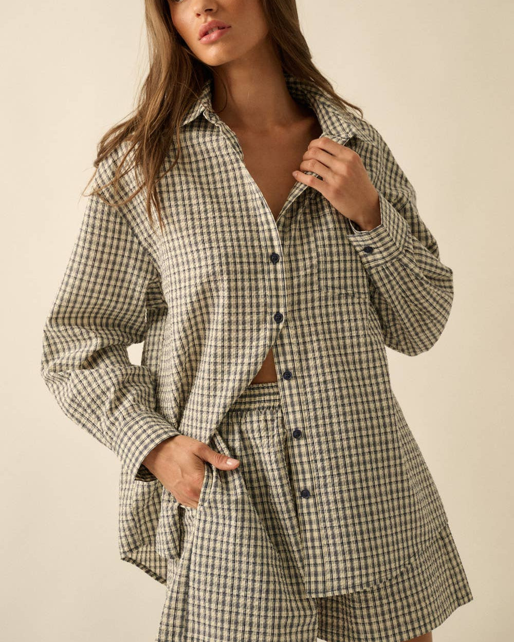 Plaid Textured Seersucker Oversize Button-Up Pocket Shirt