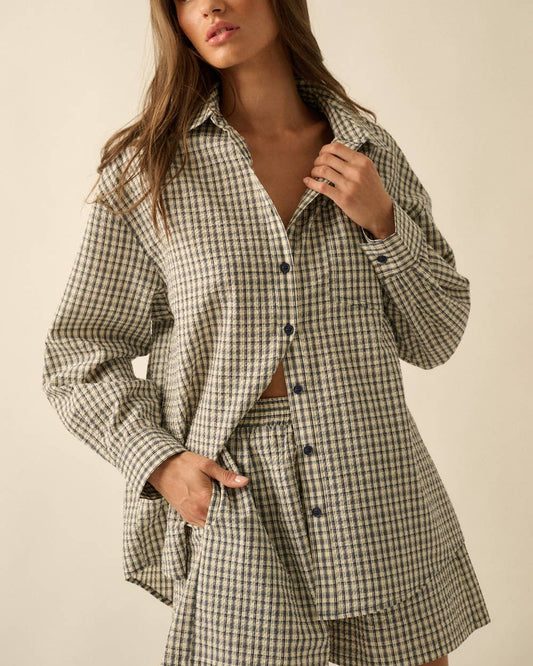 Plaid Textured Seersucker Oversize Button-Up Pocket Shirt