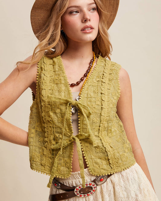 Embroidered Lace Tie-Front Vest