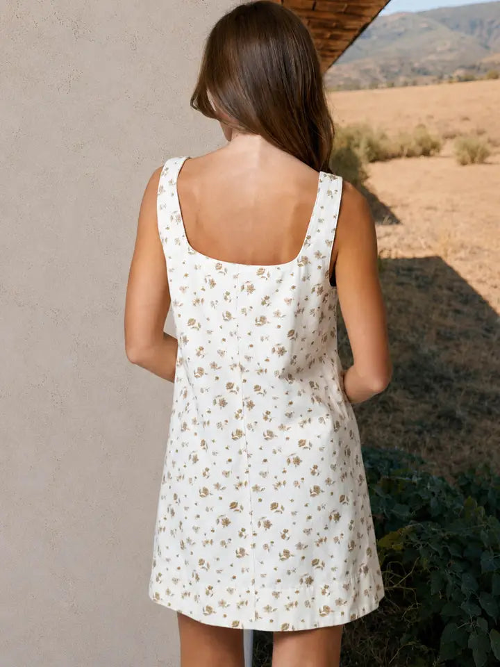Floral Front Seam Sleeveless Denim Mini Dress