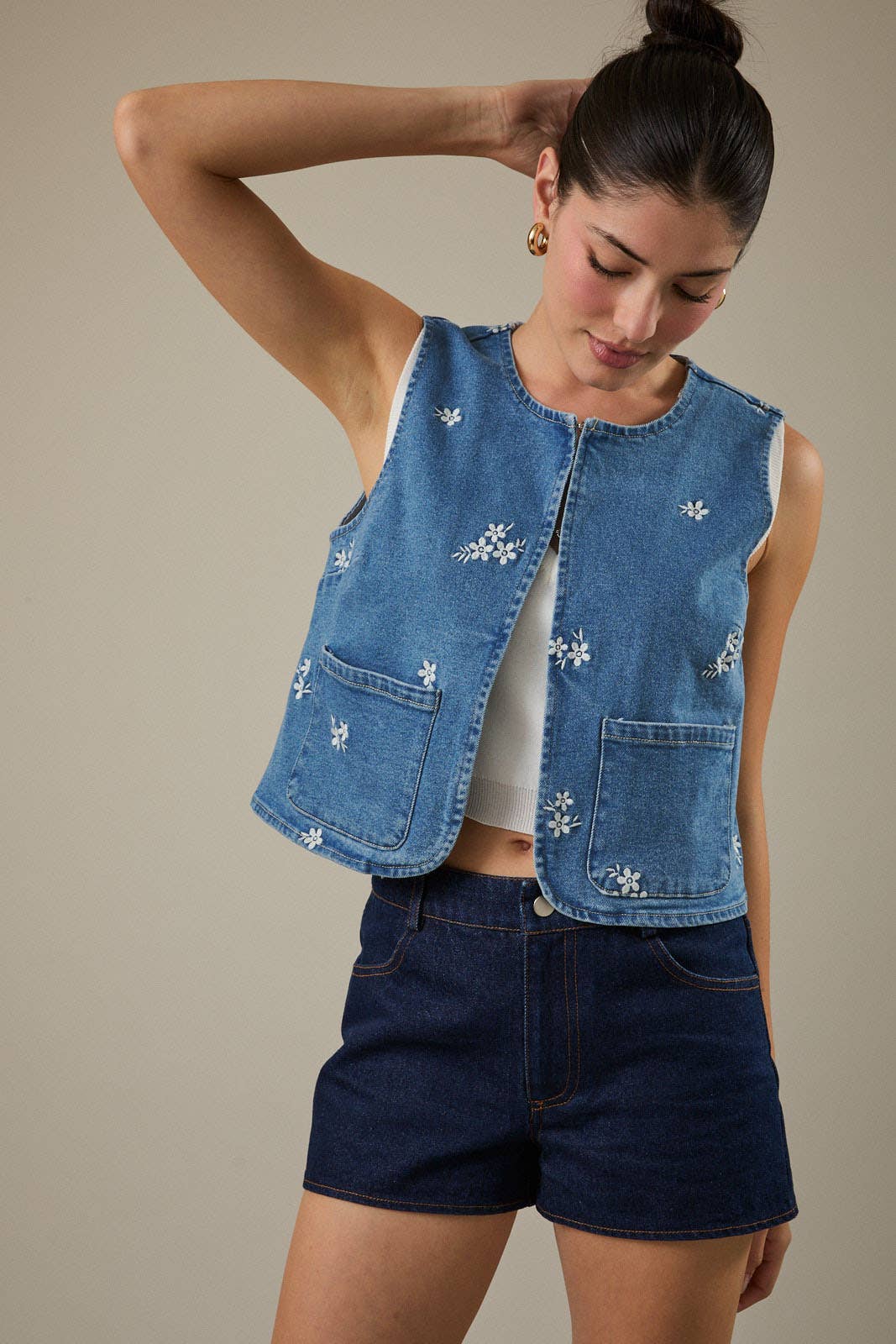 Flower Embroidered Pocket Denim Vest