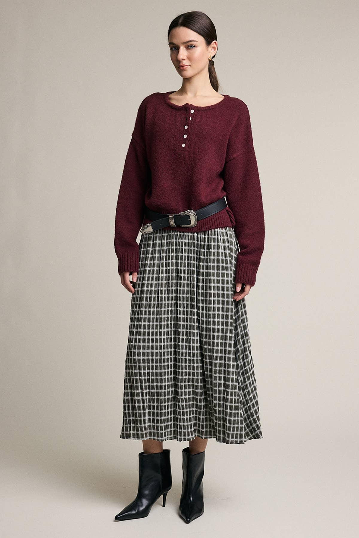 Plaid Smocked Waist Midi Skirt - RS1118