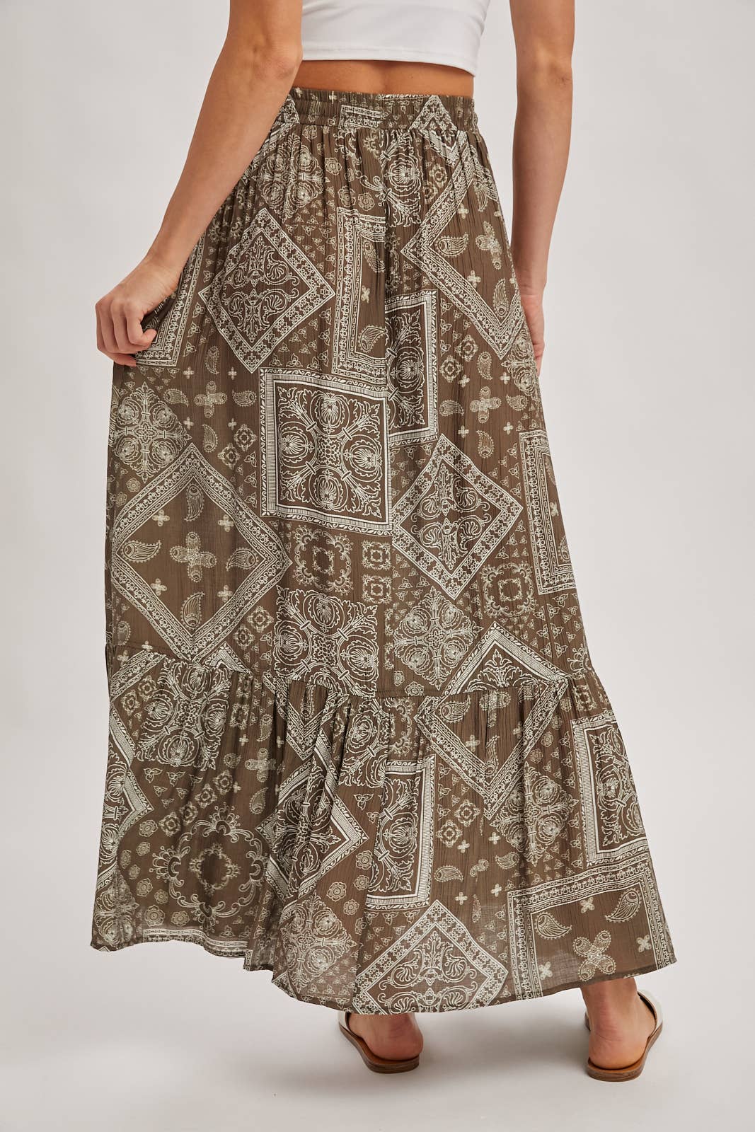 BOHO PRINT TIERED BUTTON DOWN FRONT MAXI SKIRT