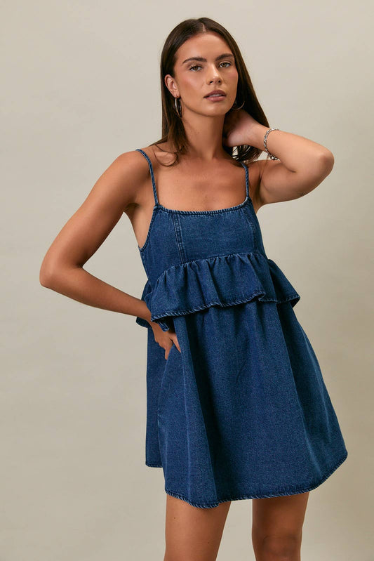 RUFFLE DETAIL SPAGHETTI DENIM DRESS