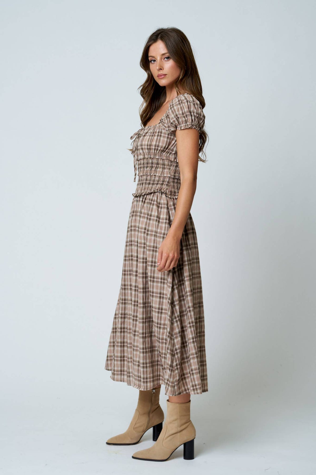 Plaid Smocked Waist Midi Dress