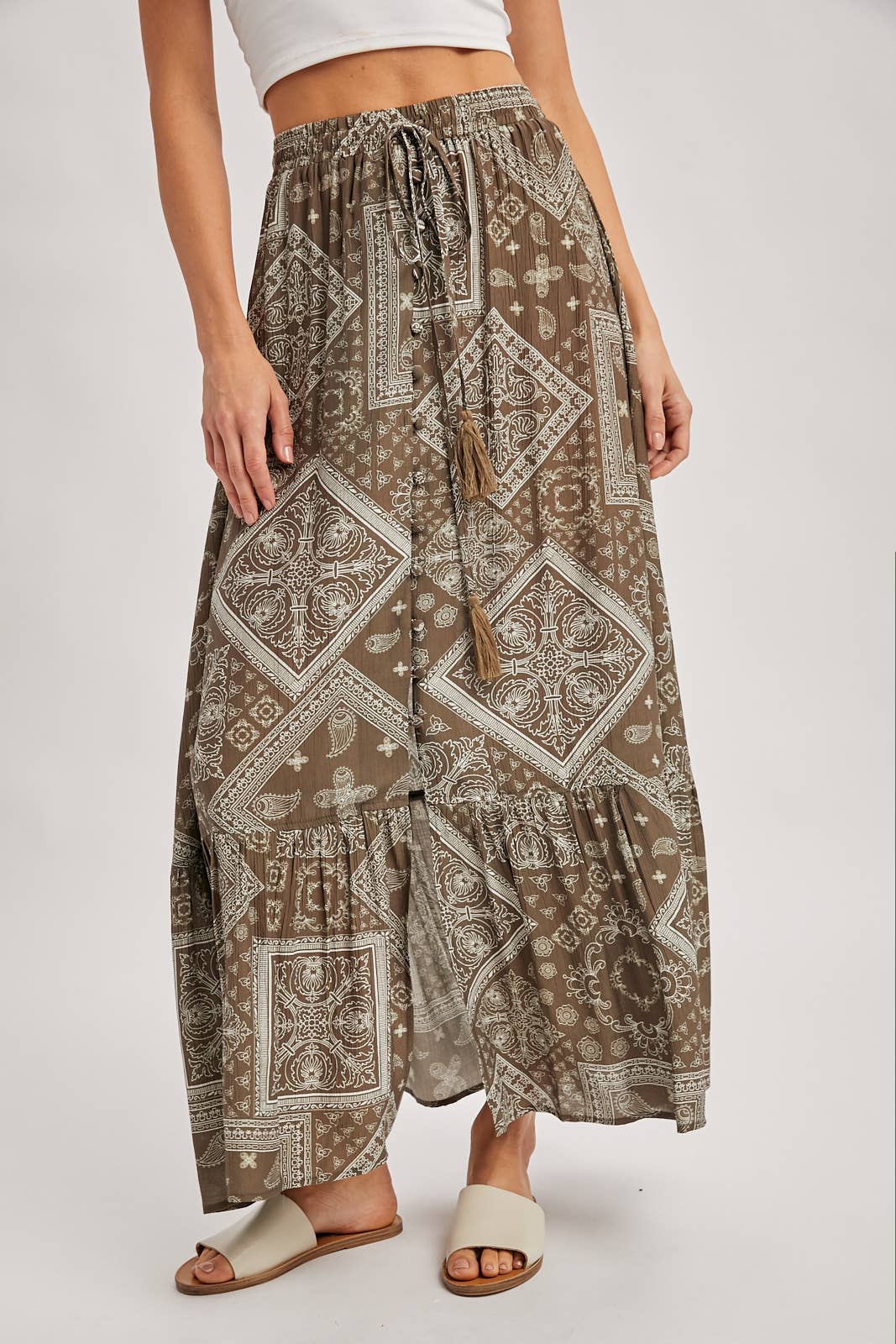 BOHO PRINT TIERED BUTTON DOWN FRONT MAXI SKIRT