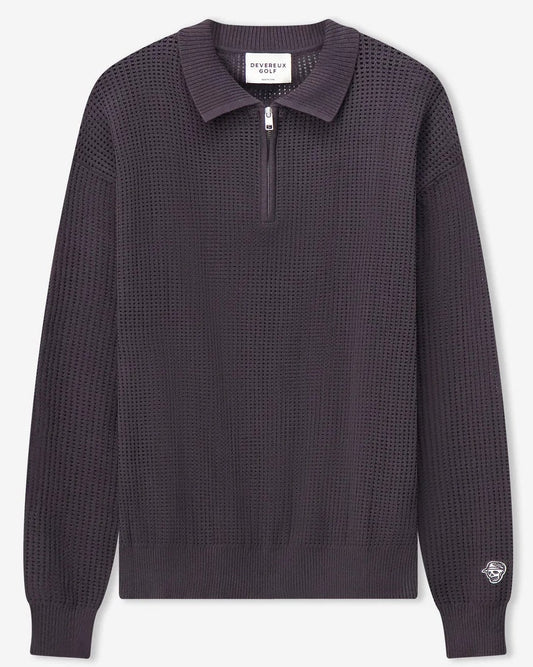 Faded Black long-sleeve polo shirt with a zipper on a white background