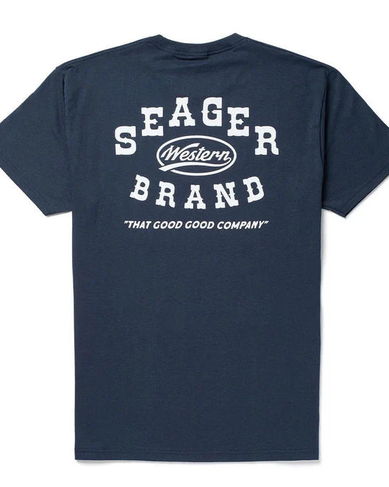 Navy blue t-shirt with 'Seager Brand' text and logo on a white background