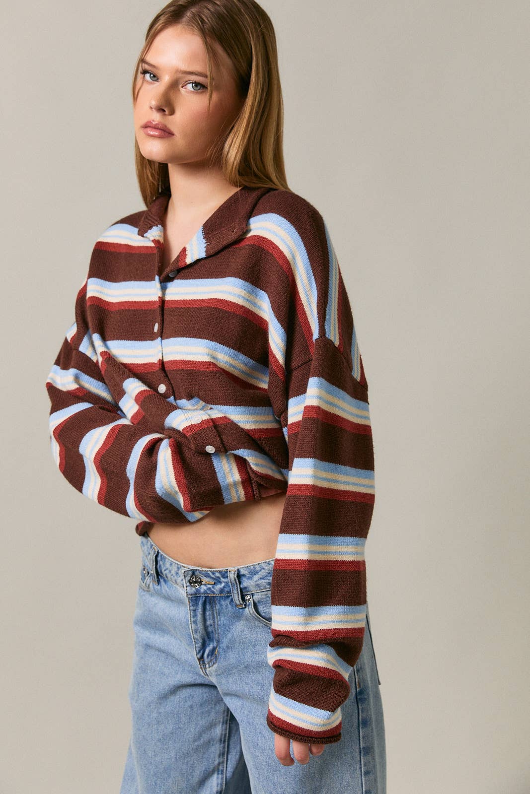 ROLL HEM BUTTONS DETAIL STRIPED CARDIGAN