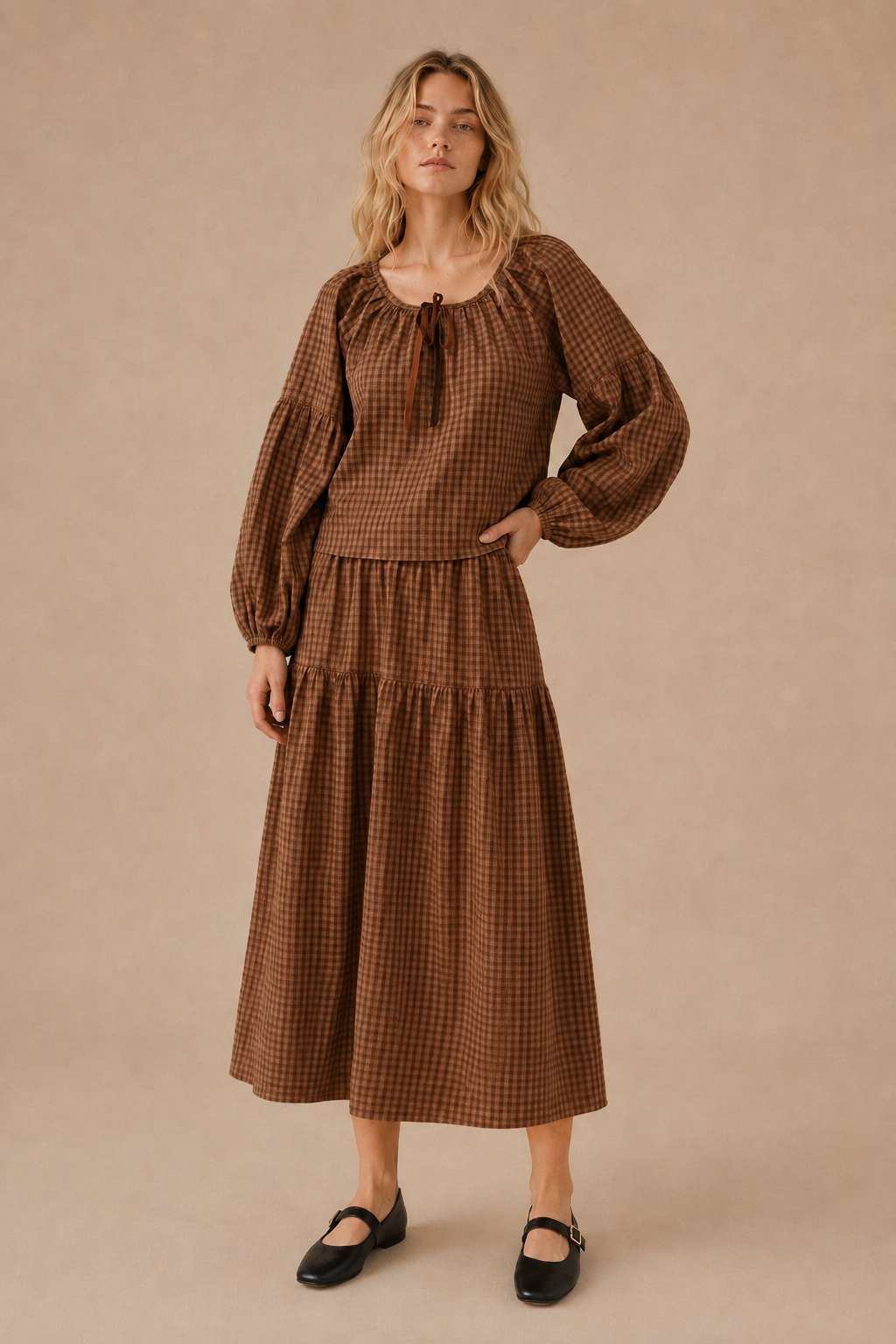 SA10167TS - Gingham Long Sleeve Top and Skirt Set