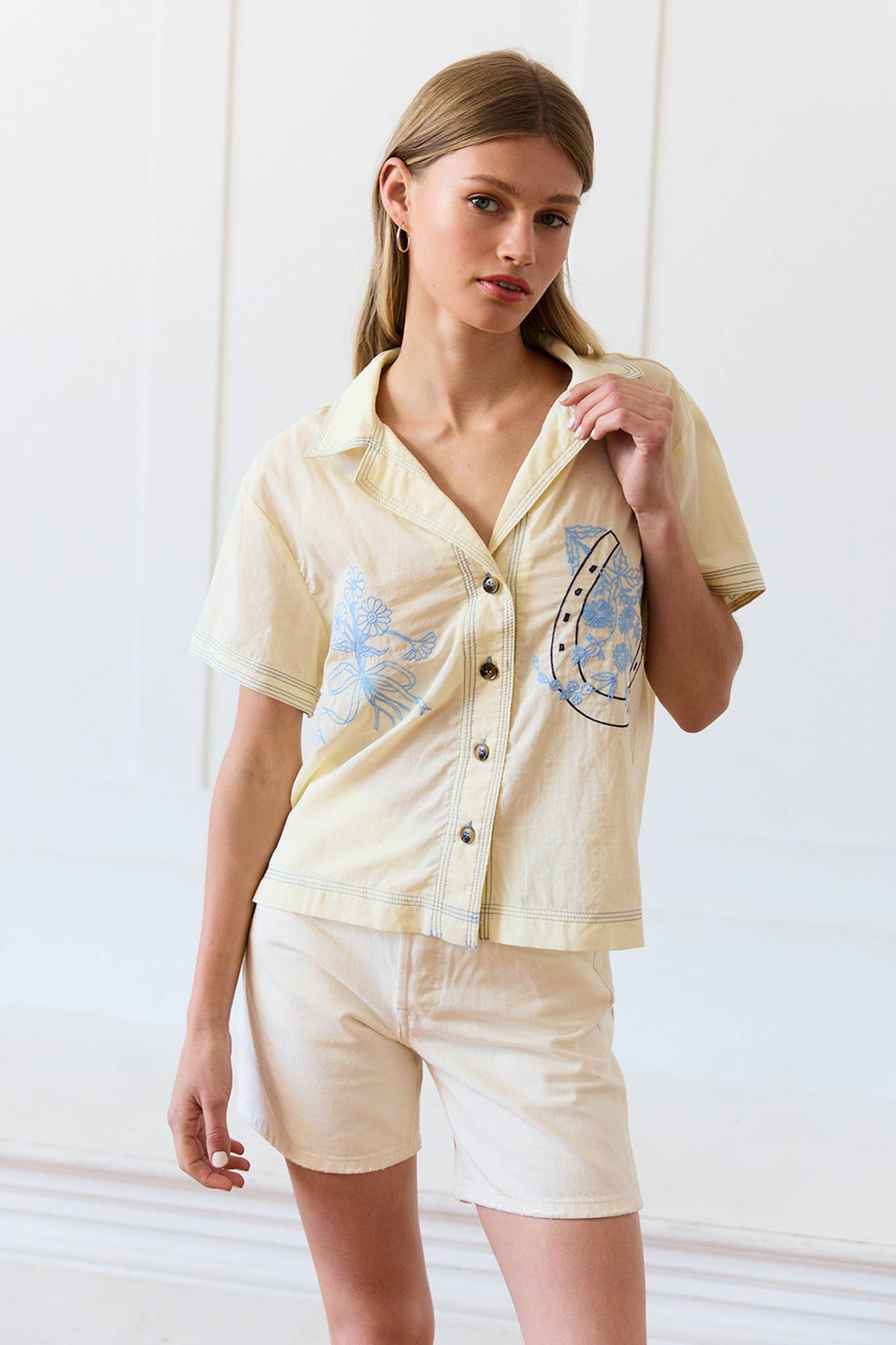 Embroidered Floral & Ribbon Button Up