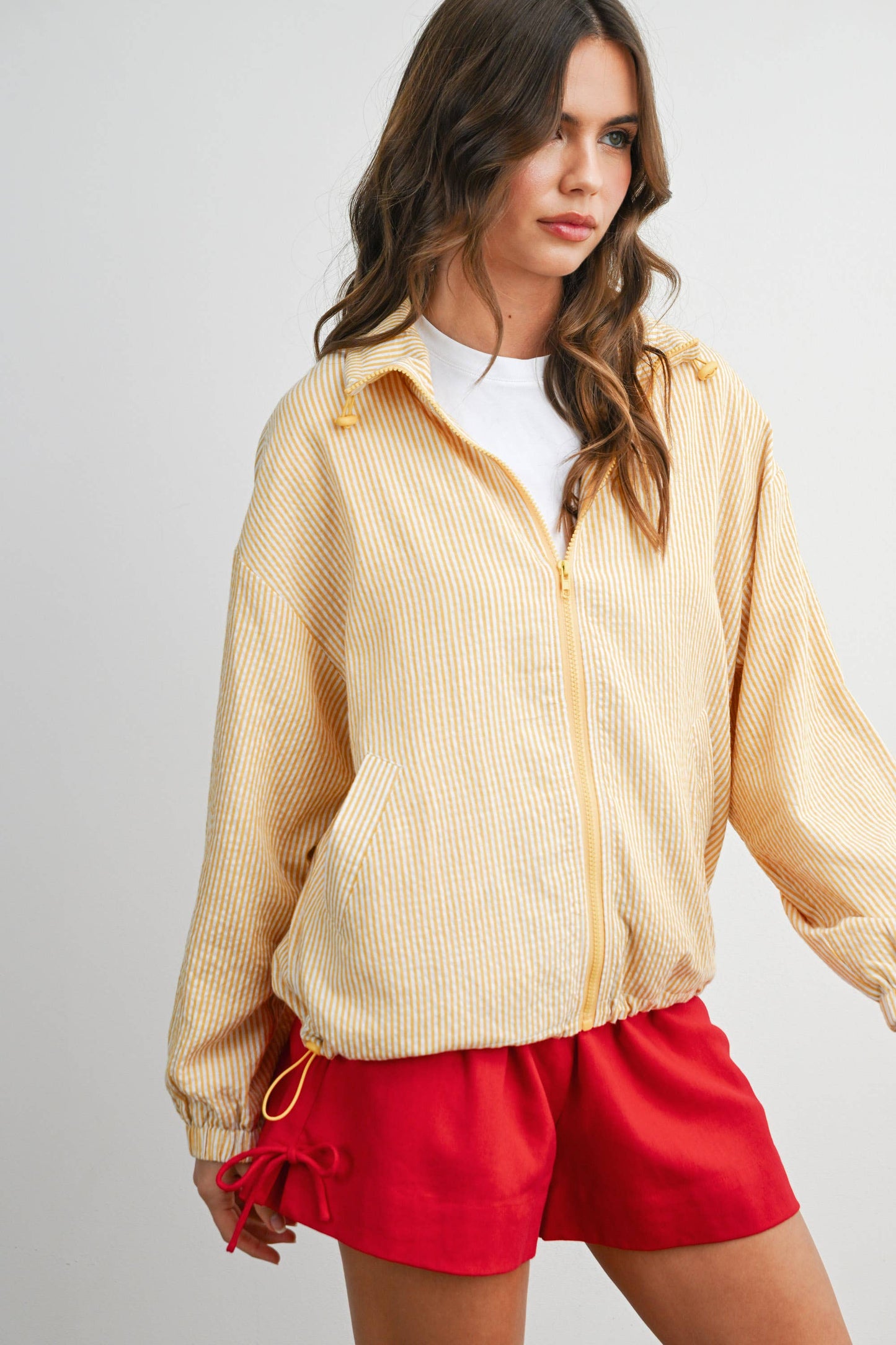 Striped Collared Zip-Front Drawstring Jacket - BMJ7991