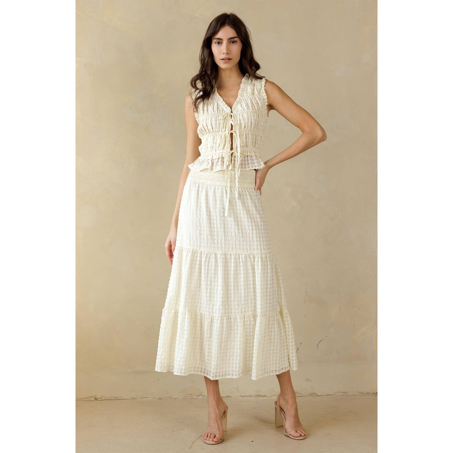 Cream Textured Smocked Blouse