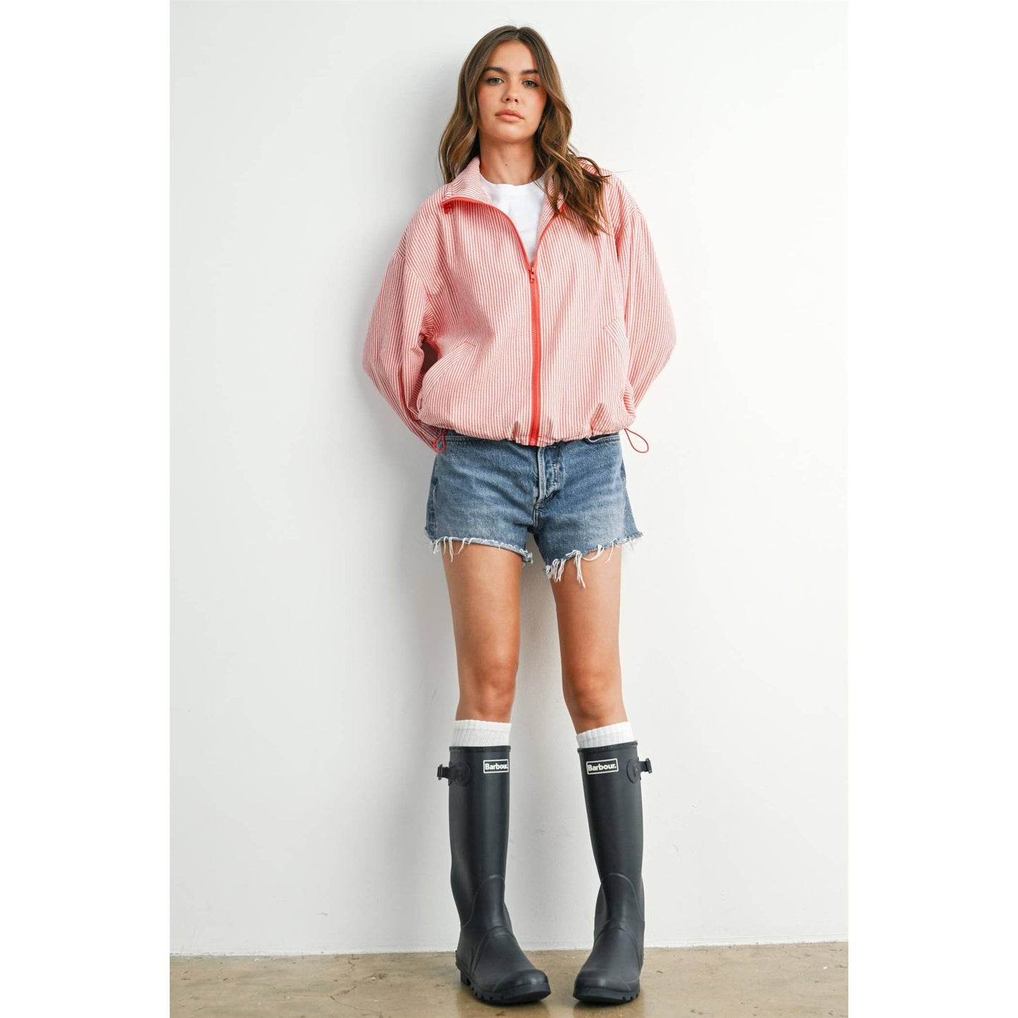 Striped Collared Zip-Front Drawstring Jacket - BMJ7991