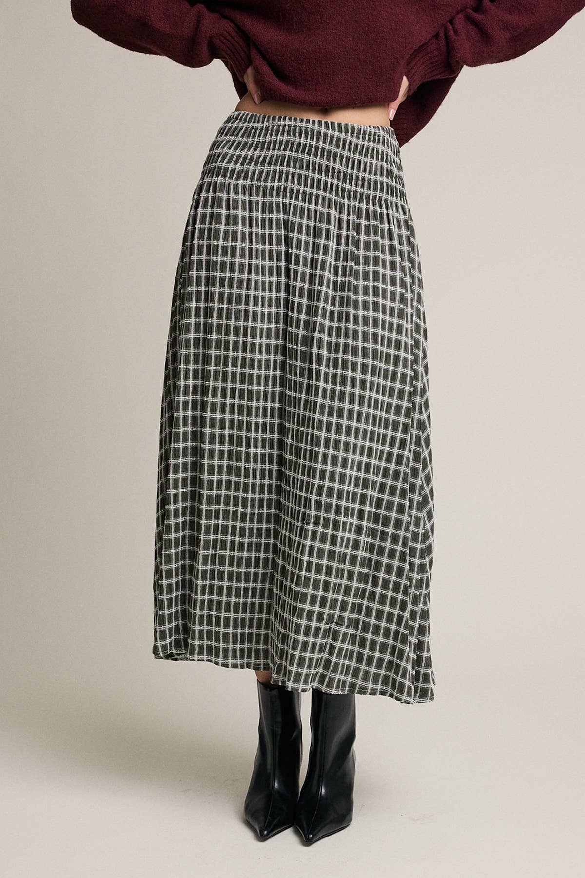 Plaid Smocked Waist Midi Skirt - RS1118