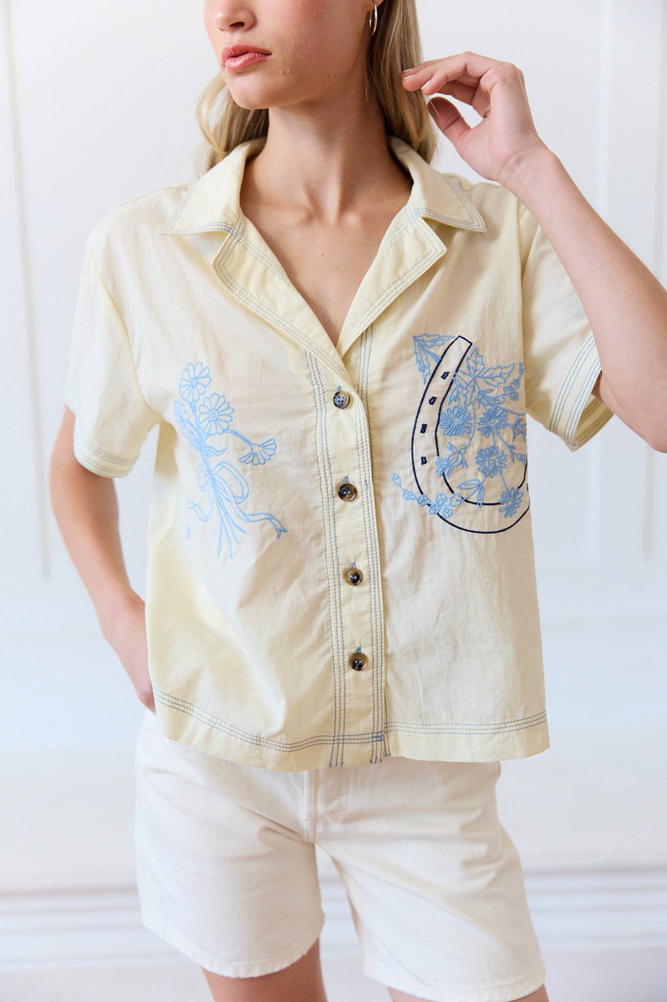 Embroidered Floral & Ribbon Button Up