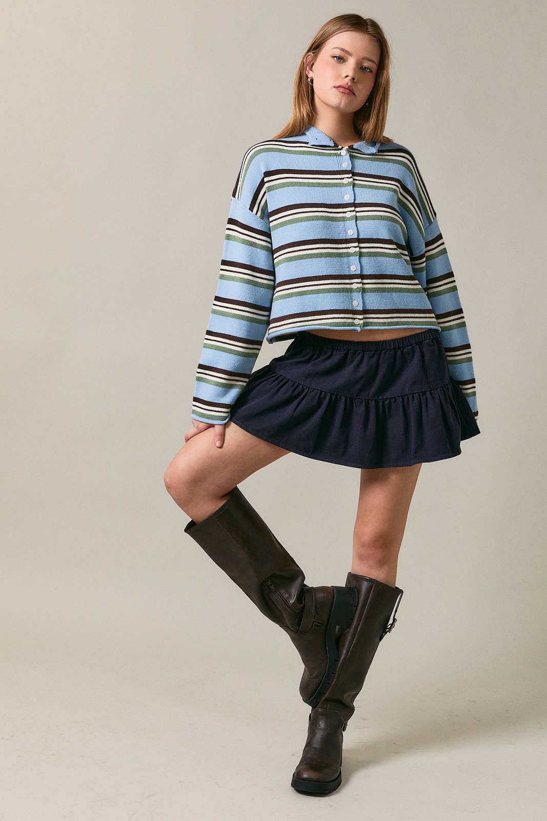 ROLL HEM BUTTONS DETAIL STRIPED CARDIGAN