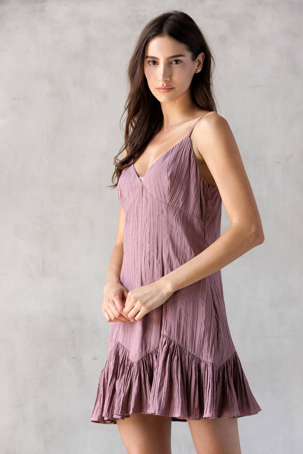 LD2382-RUCHED V-NECK MINI DRESS