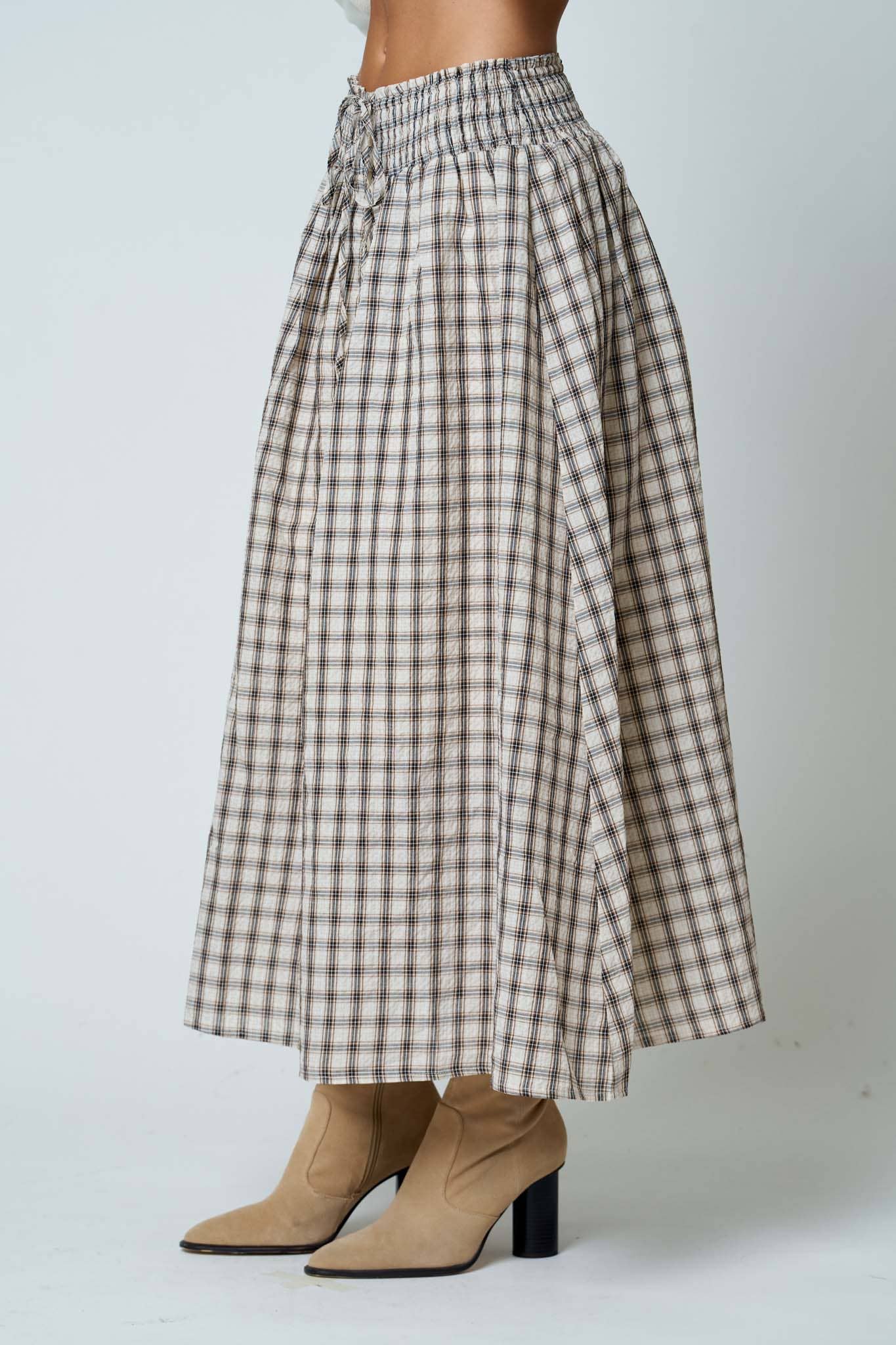 Plaid Smocked Waist Button Down Midi Skirt
