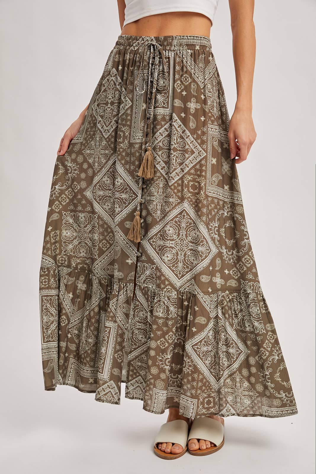 BOHO PRINT TIERED BUTTON DOWN FRONT MAXI SKIRT