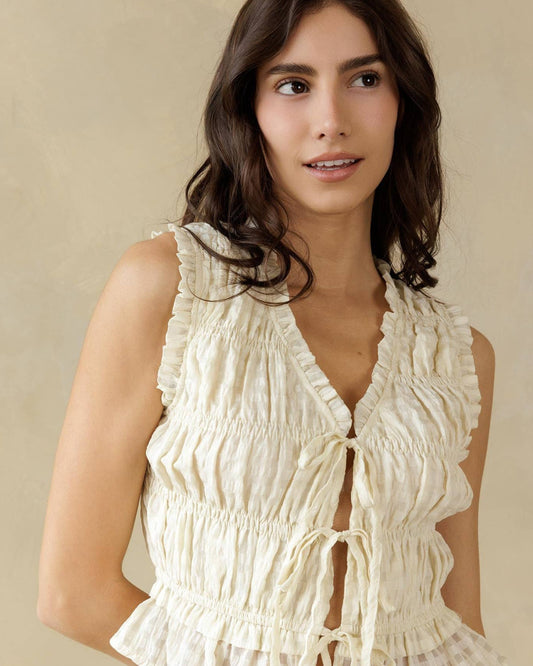 Cream Textured Smocked Blouse