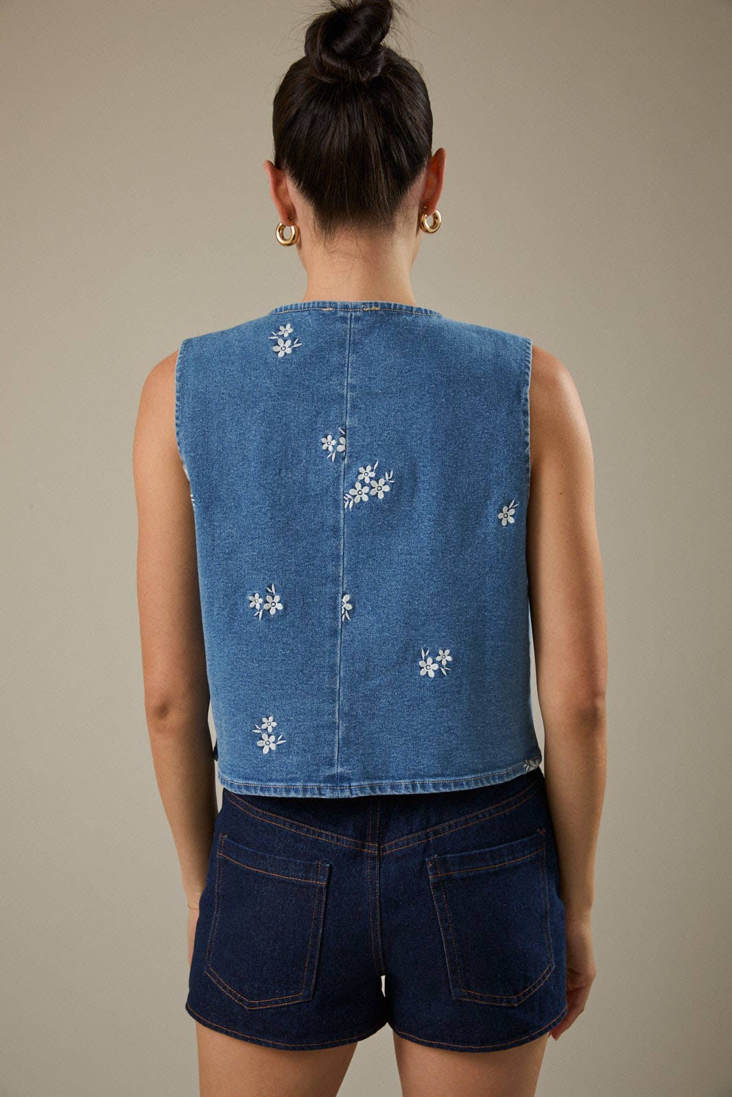 Flower Embroidered Pocket Denim Vest