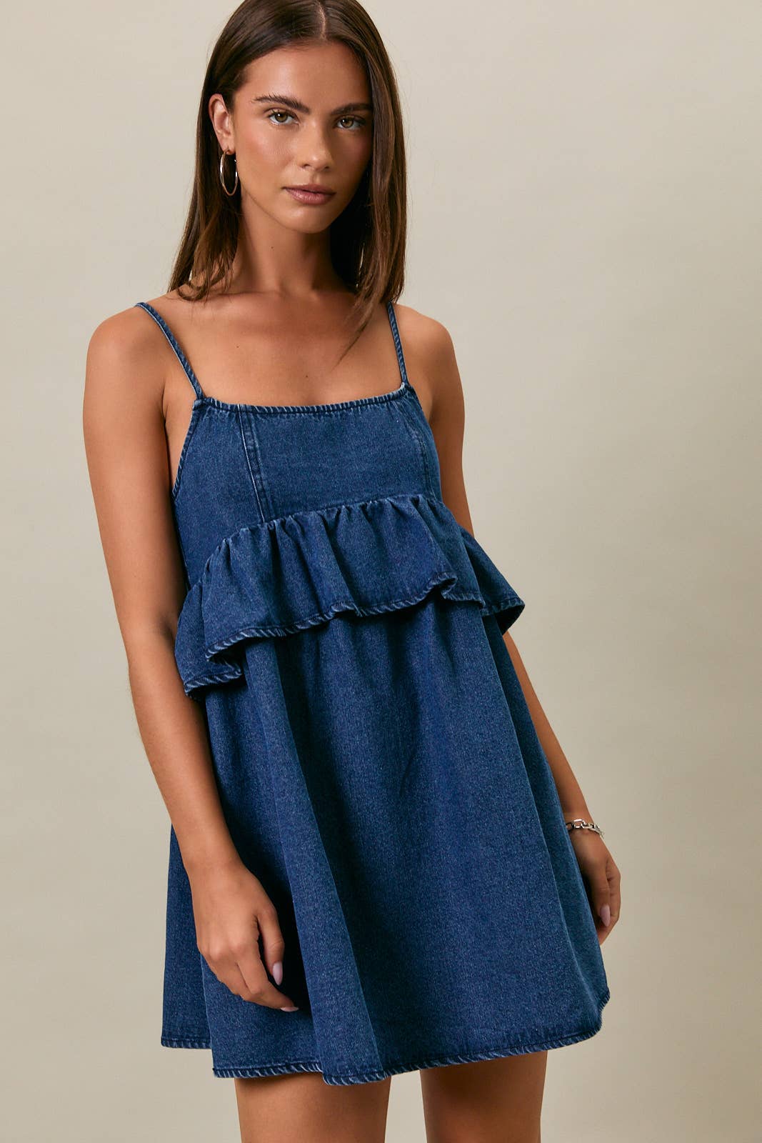 RUFFLE DETAIL SPAGHETTI DENIM DRESS