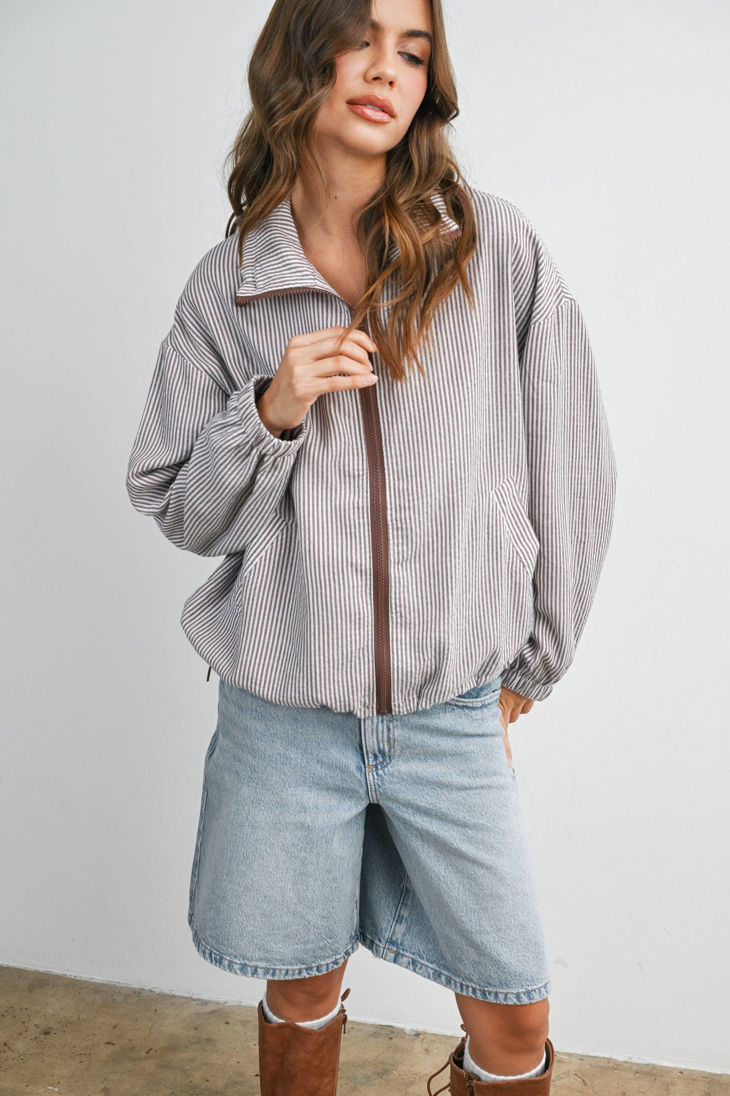 Striped Collared Zip-Front Drawstring Jacket - BMJ7991