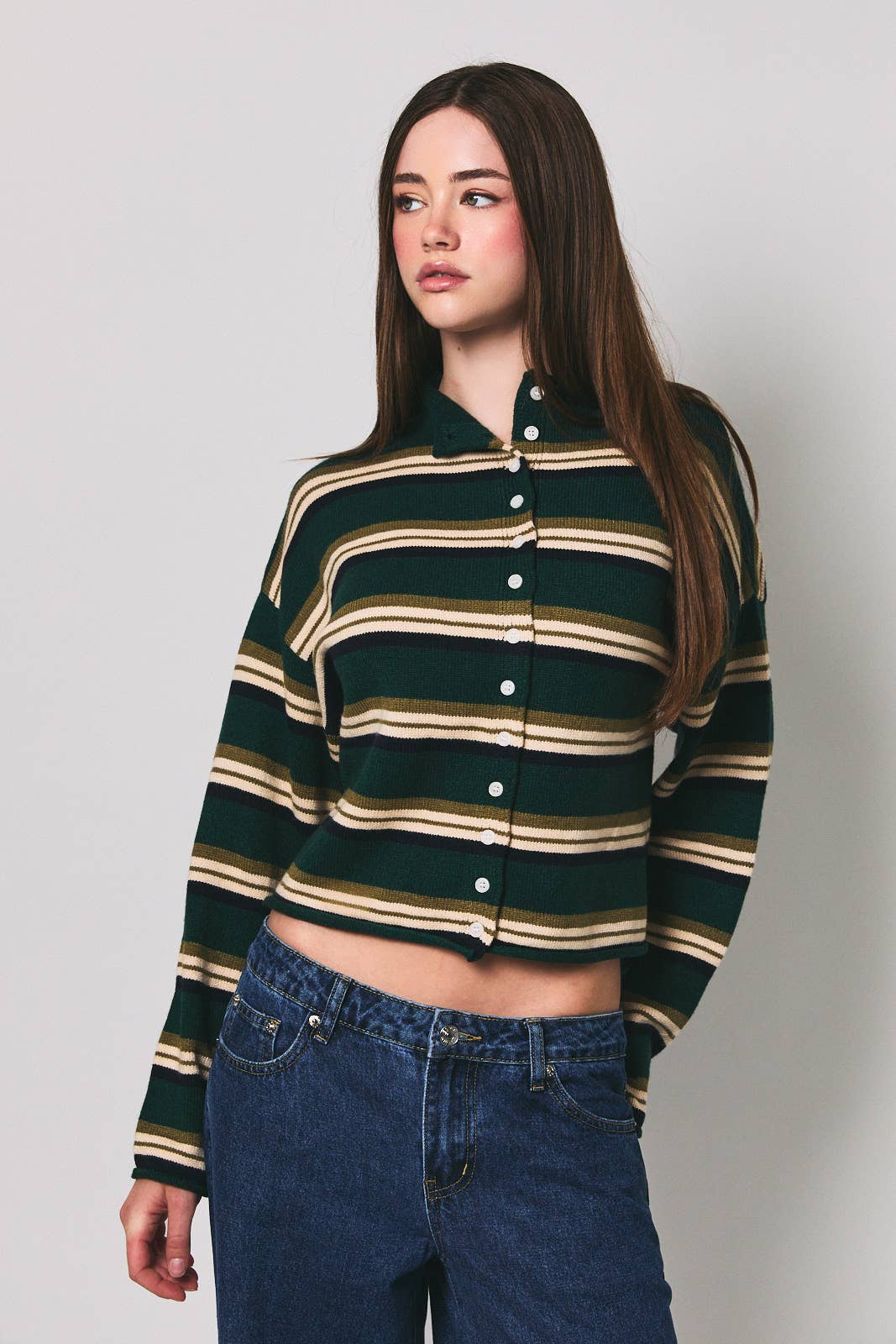 ROLL HEM BUTTONS DETAIL STRIPED CARDIGAN
